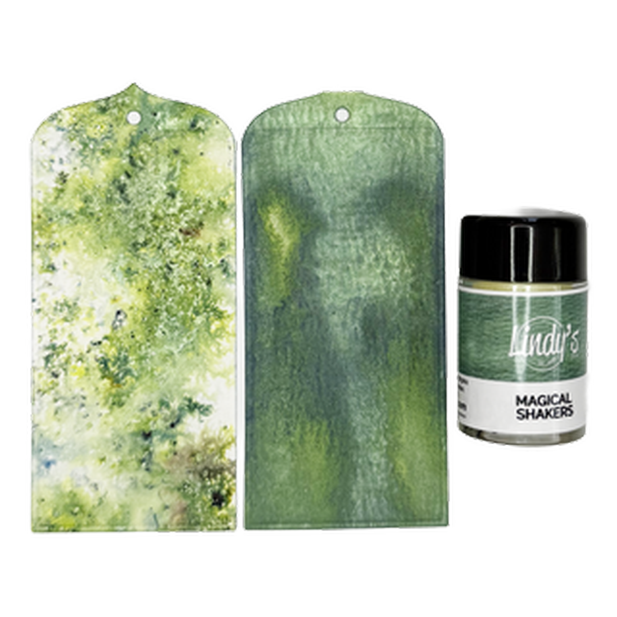Two green marbled tags next to a jar of Lindy's Magical Shakers Lichen Ledgers on a white background. 