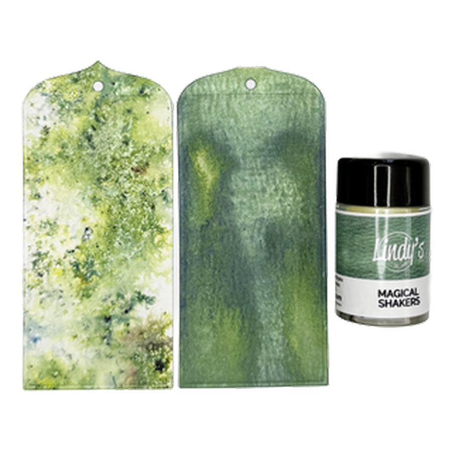 Two green marbled tags next to a jar of Lindy's Magical Shakers Lichen Ledgers on a white background. 