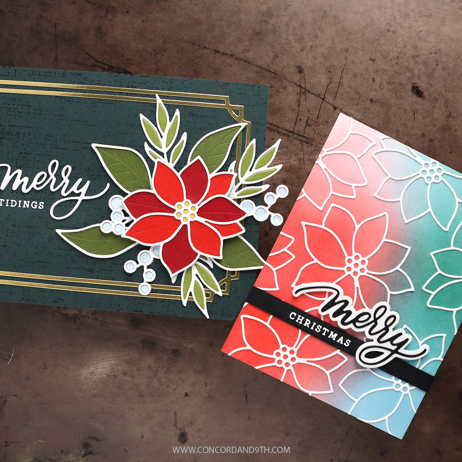 Two handmade Christmas greeting cards displayed on a textured brown surface. One card is dark teal with gold lines and a layered red poinsettia with green leaves and white berries.