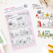 A clear stamp sheet labeled 'Holiday Treasures' by Pinkfresh Studio, shown alongside a printed sample of the holiday-themed stamp designs on a white background with decorative props.