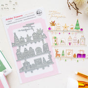 A flat-lay product photo of a 'Holiday Treasures' press plates by Pinkfresh Studio, showing the silver metal press plate on a pink backing card, alongside a stamped sample sheet with gold and silver holiday illustrations on a white background.
