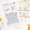 Cottage Keepsakes press plates by Pinkfresh Studio with tea-themed designs, displayed alongside sample stamped and stamped-out results on a white background with decorative gold text and small craft props.