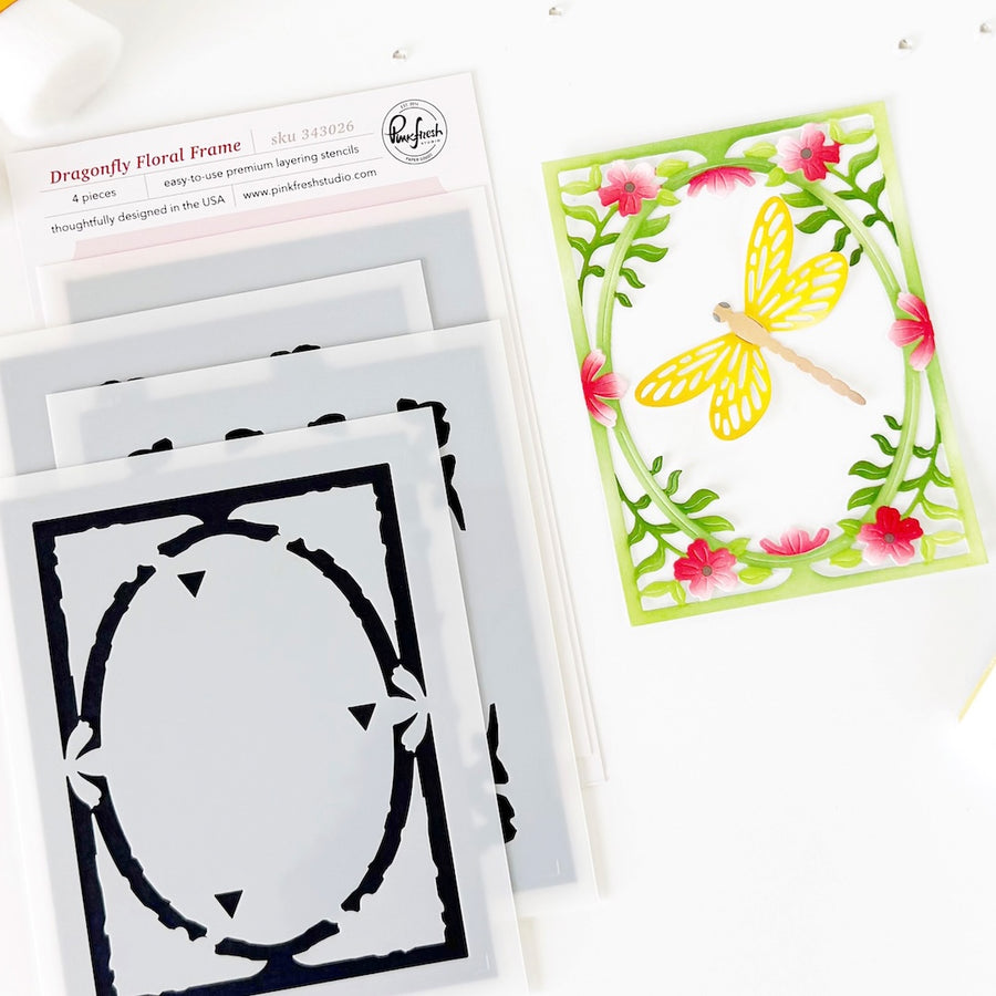 Pinkfresh Studio - Dragonfly Floral Frame Stencils