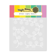 Waffle Flower 'Winter Lights Stencil' product package, featuring a colorful header with brand logo and a transparent stencil sheet showing white outline designs.