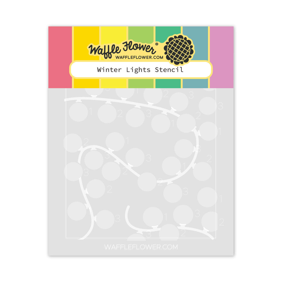 Waffle Flower 'Winter Lights Stencil' product package, featuring a colorful header with brand logo and a transparent stencil sheet showing white outline designs.