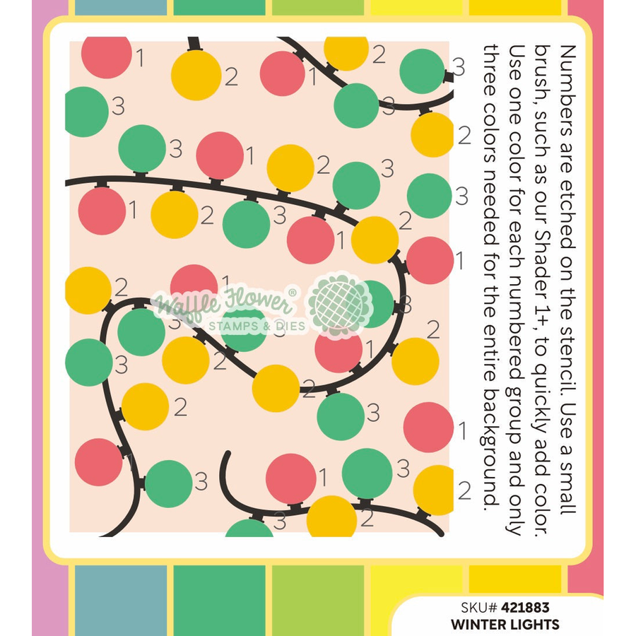 A craft stencil pattern sheet for 'Winter Lights' by Waffle Flower, featuring numbered circular light bulbs in pink, yellow, and green on black branches over a pale peach background, with instructions on the right.