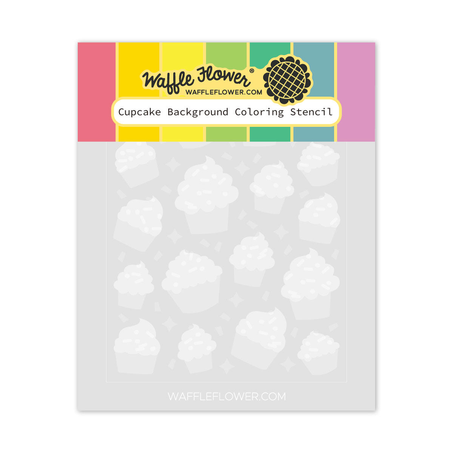 Waffle Flower Cupcake Background Coloring Stencil, featuring a colorful header with pink, yellow, green, and blue stripes, and a light gray stencil sheet with white cupcake outlines.