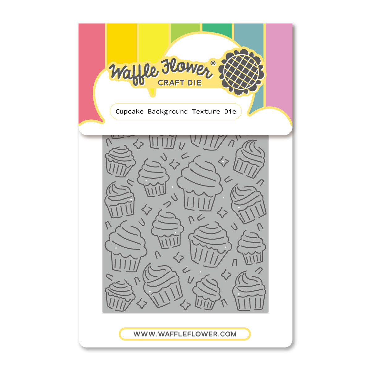 Waffle Flower Craft Die 'Cupcake Background Texture Die' in its retail packaging, featuring a gray metal die with cupcake line drawings on a white backing card with a colorful header.