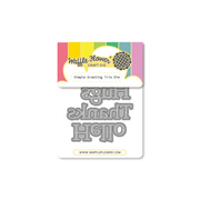Waffle Flower Craft Die 'Simple Greeting Trio Die' featuring three metal lettering dies for 'Hello', 'Thanks', and 'Hugs' on a white backing card with colorful stripes.
