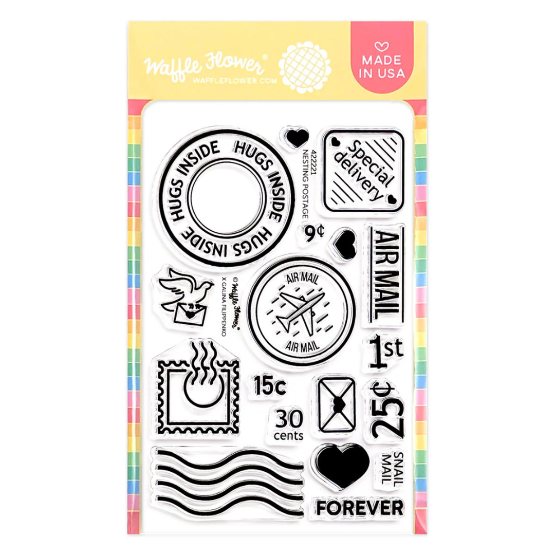 Clear stamp set with various postage-themed designs on a colorful border, featuring the Waffle Flower brand.