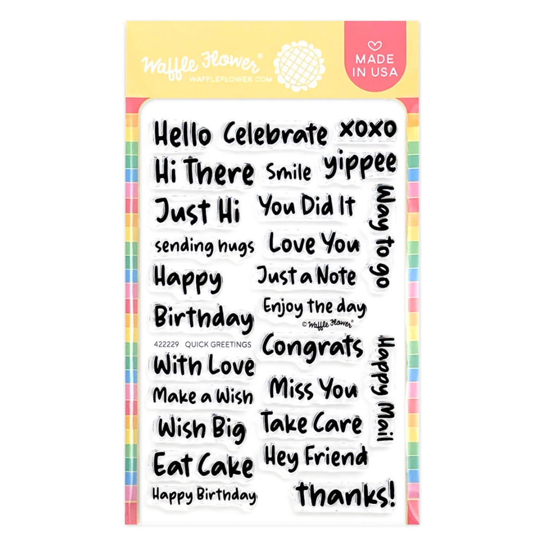 Clear stamp set with various phrases on a white background, featuring a yellow border with Waffle Flower branding.
