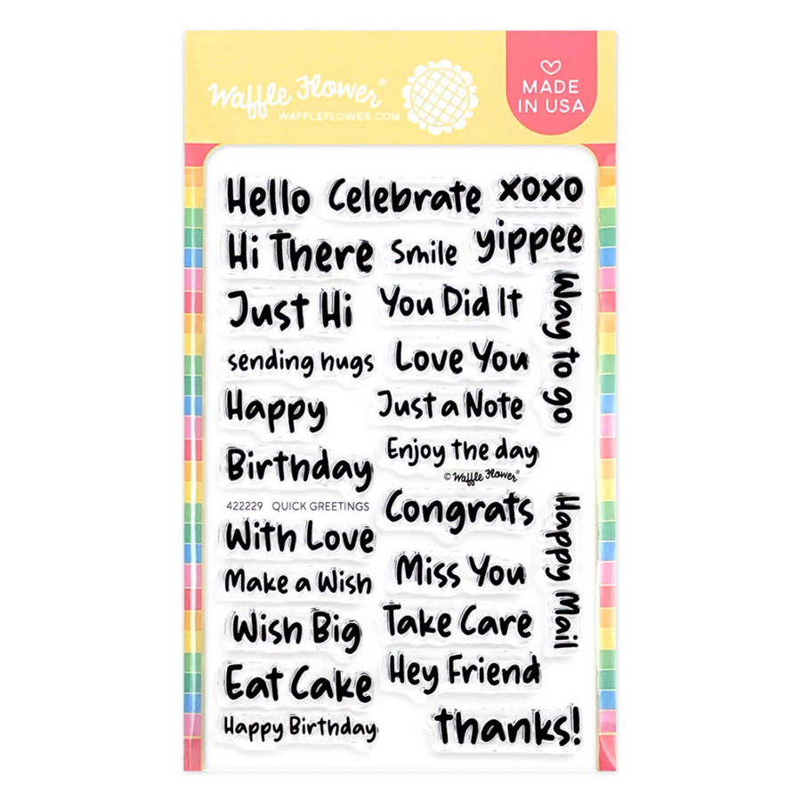 Clear stamp set with various phrases on a white background, featuring a yellow border with Waffle Flower branding.