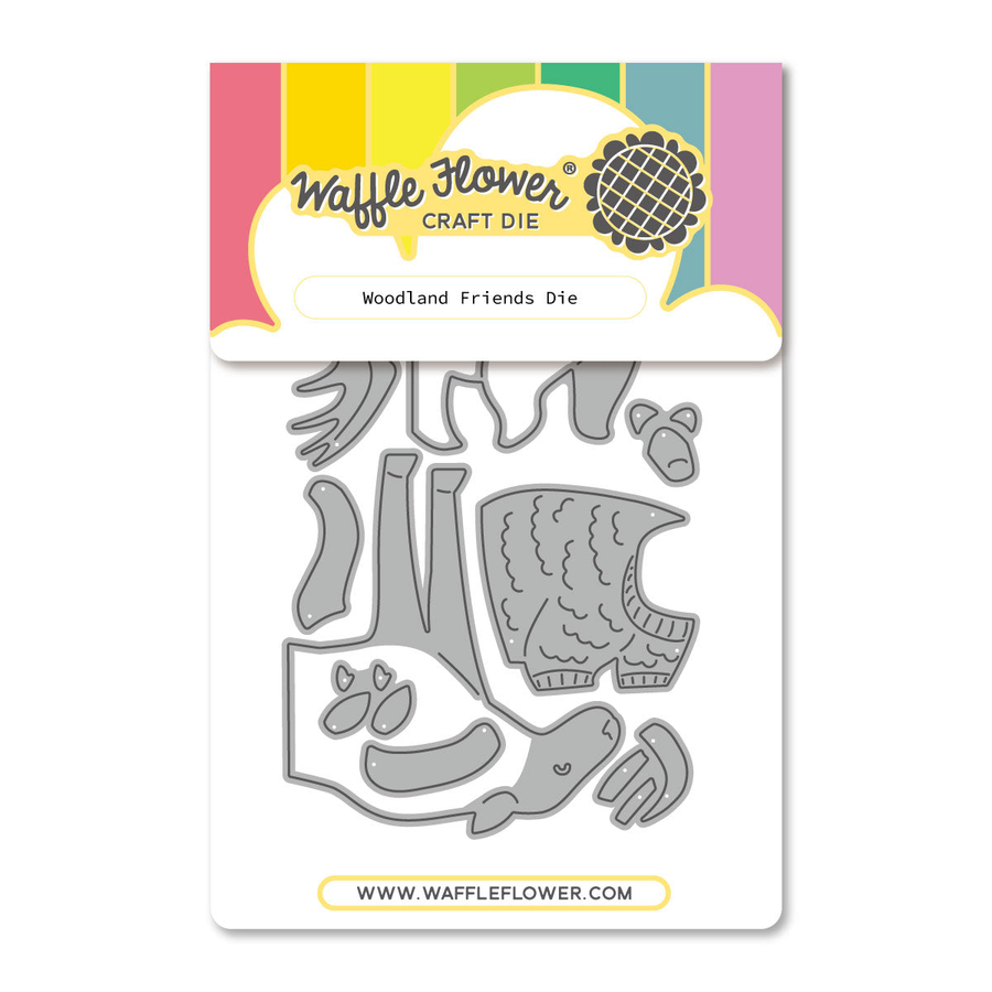 Waffle Flower Craft Die 'Woodland Friends Die' featuring metal cutting dies for woodland-themed shapes, shown with its branded header card on a white background.