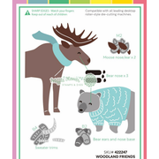 A product instruction sheet for Waffle Flower Woodland Friends Die, featuring illustrations of a moose and bear wearing sweaters, along with labeled stamp and die components and text indicating compatibility and safety.