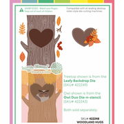 A product information card for Waffle Flower Woodland Hugs Die, showing illustrated treetop and owl designs with text noting compatibility with desktop roller-style die-cutting machines and listing SKUs for a leafy backdrop die and owl duo die-stencil.