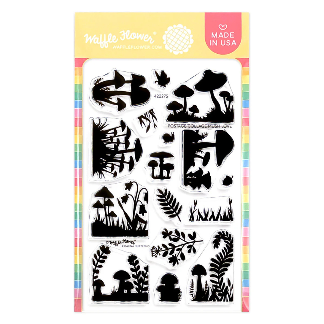 Set of black silhouette stamps with nature designs on a colorful card from Waffle Flower's Postage Collage range of stamps