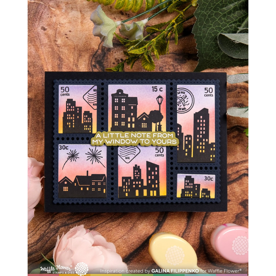 (PRE-ORDER) Waffle Flower - Postage Collage City Sunset Stamp Set
