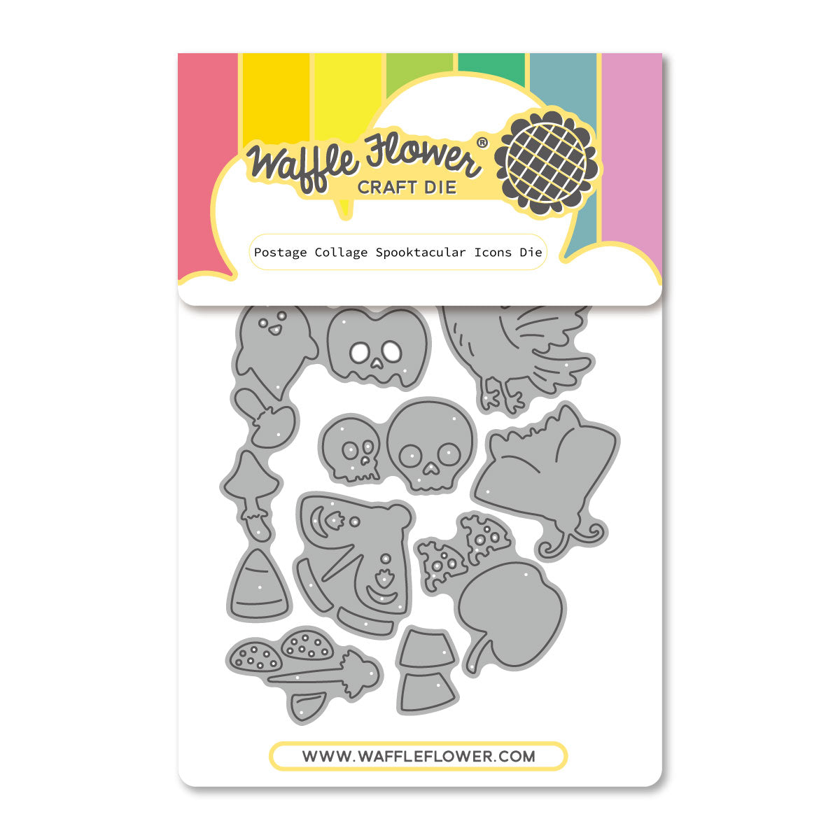 Waffle Flower Craft Die 'Postage Collage Spooktacular Icons Die' featuring a sheet of gray metal cutting dies with various Halloween-themed shapes like skulls, ghosts, and pumpkins, presented on its colorful retail packaging.