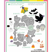A product sheet for 'Spooktacular Icons' stamps and dies by Waffle Flower Crafts, featuring various Halloween-themed shapes like bats, a crow, skulls, ghosts, and candy corn in labeled color blocks.