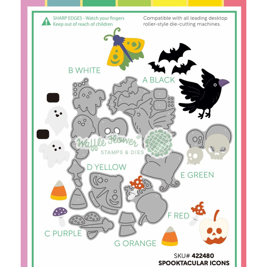 A product sheet for 'Spooktacular Icons' stamps and dies by Waffle Flower Crafts, featuring various Halloween-themed shapes like bats, a crow, skulls, ghosts, and candy corn in labeled color blocks.