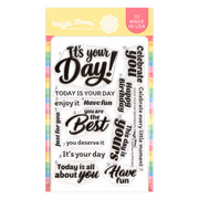 Waffle Flower - Your Day Sentiments Stamp Set. Waffle Flower 'It's Your Day!' clear stamp set in its original packaging, featuring various black and white typography phrases on a white background with a pastel rainbow border.