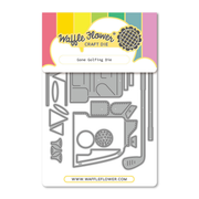 Waffle Flower Craft Die 'Gone Golfing Die' metal cutting sheet with various golf-themed shapes and a golf ball pattern, packaged on a white card with a colorful header.