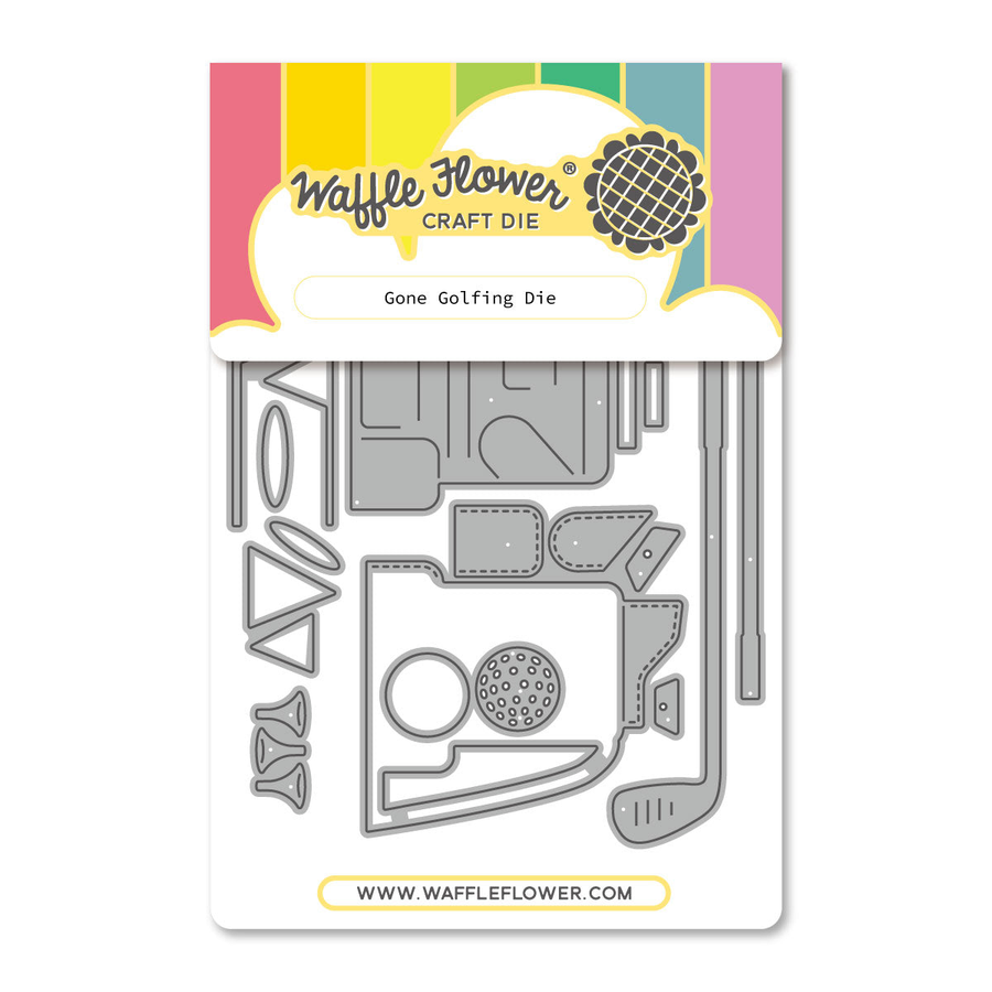 Waffle Flower Craft Die 'Gone Golfing Die' metal cutting sheet with various golf-themed shapes and a golf ball pattern, packaged on a white card with a colorful header.