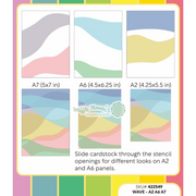 A product information graphic for Waffle Flower Wave Stencil showing six pastel wavy slide cardstock designs labeled A7, A6, and A2 sizes, with text instructions on sliding the cardstock through the stencil openings.