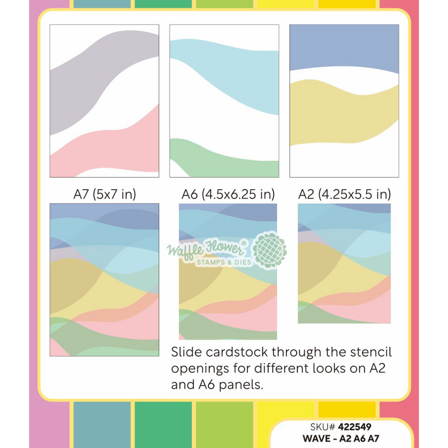 A product information graphic for Waffle Flower Wave Stencil showing six pastel wavy slide cardstock designs labeled A7, A6, and A2 sizes, with text instructions on sliding the cardstock through the stencil openings.
