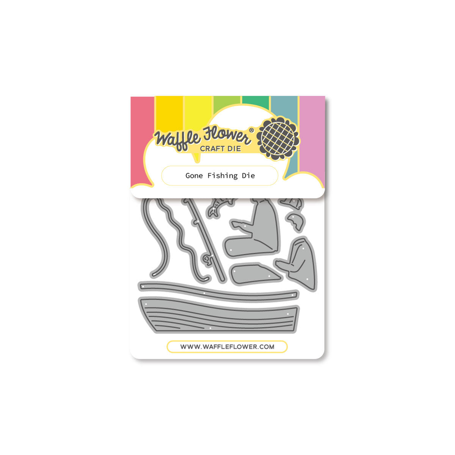 Waffle Flower Craft Die 'Gone Fishing Die' on a white background. The packaging features a colorful header with pink, yellow, green, blue, and purple stripes, and the gray metal cutting dies are displayed below on a white backing card.