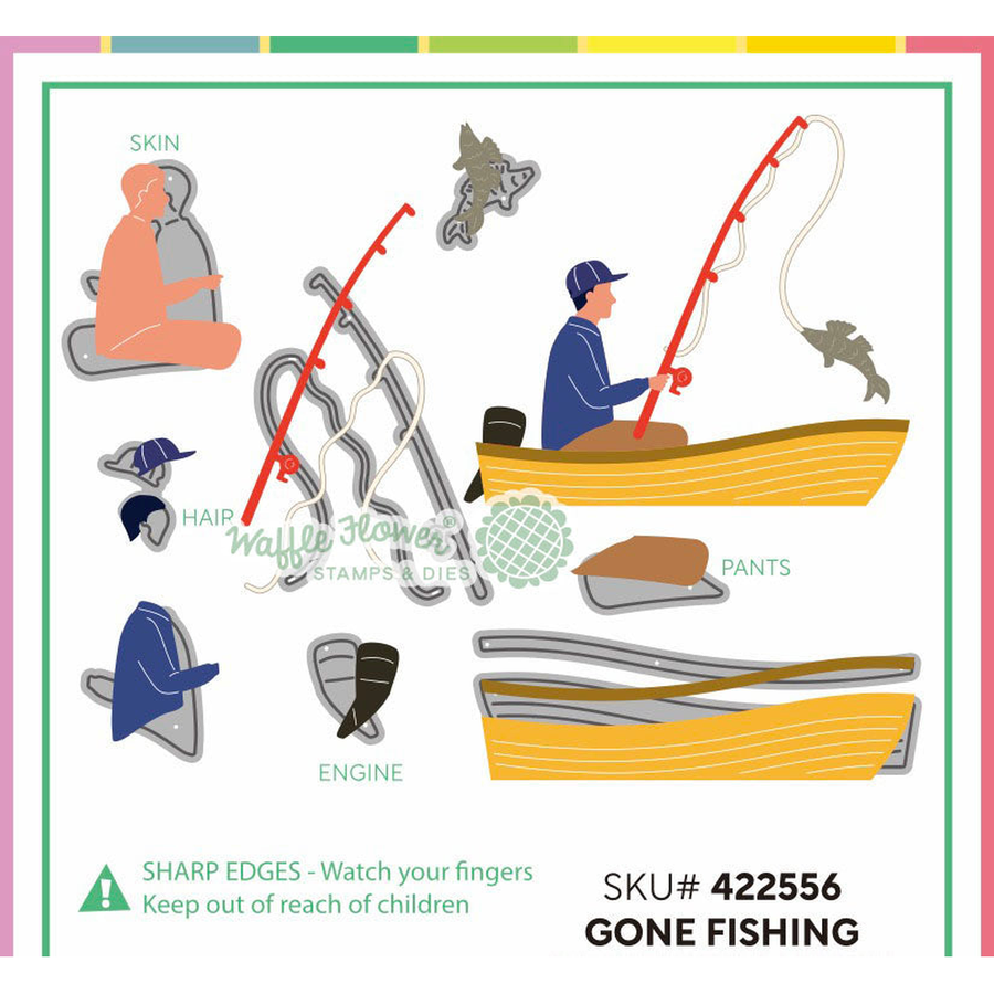 A flat vector illustration sheet for a 'Gone Fishing' dies by Waffle Flower, showing various stamp designs including a person in a boat, a fishing rod, a fish, and separate body parts labeled skin, hair, pants, and engine.