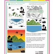 A product information card for the lake scene die-n-stencil from Waffle Flower. The card features black-and-white line drawings of mountains, water, birds, and trees, plus a colored preview showing a lake and mountain landscape.