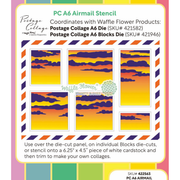 A product information card for a Postage Collage A6 Airmail Stencil by Waffle Flower, showing six sample sky-and-cloud stencil designs in orange, yellow, and purple, with text describing compatibility with Waffle Flower products and usage instructions.