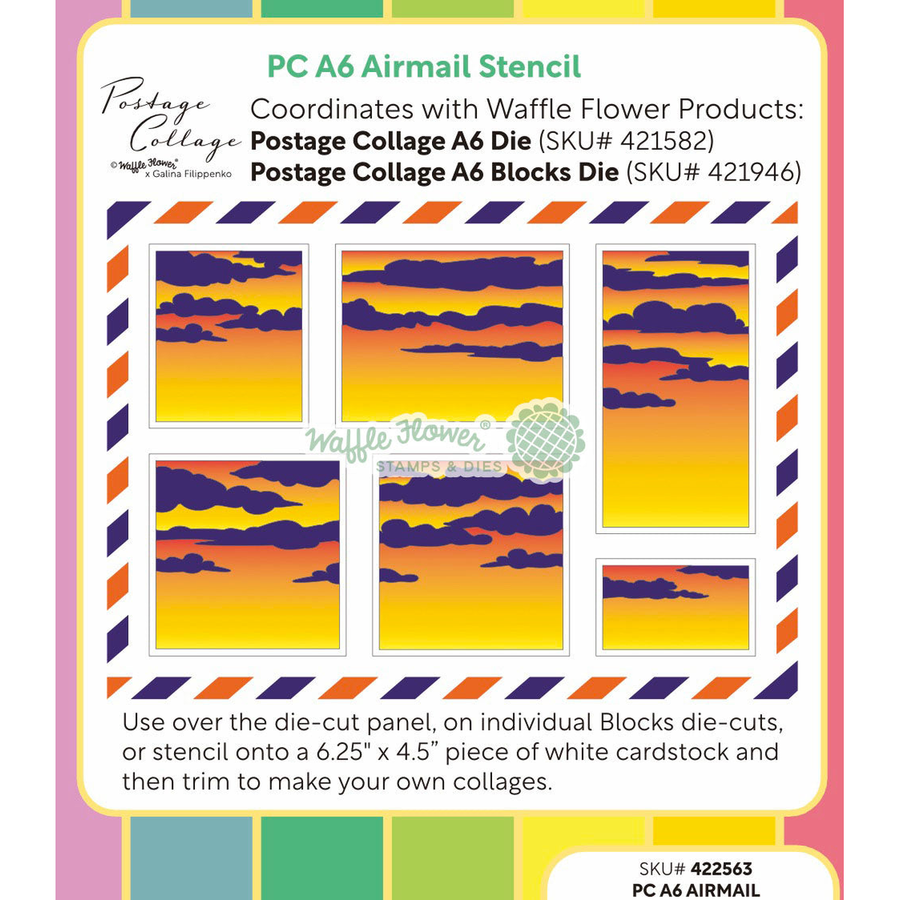 A product information card for a Postage Collage A6 Airmail Stencil by Waffle Flower, showing six sample sky-and-cloud stencil designs in orange, yellow, and purple, with text describing compatibility with Waffle Flower products and usage instructions.