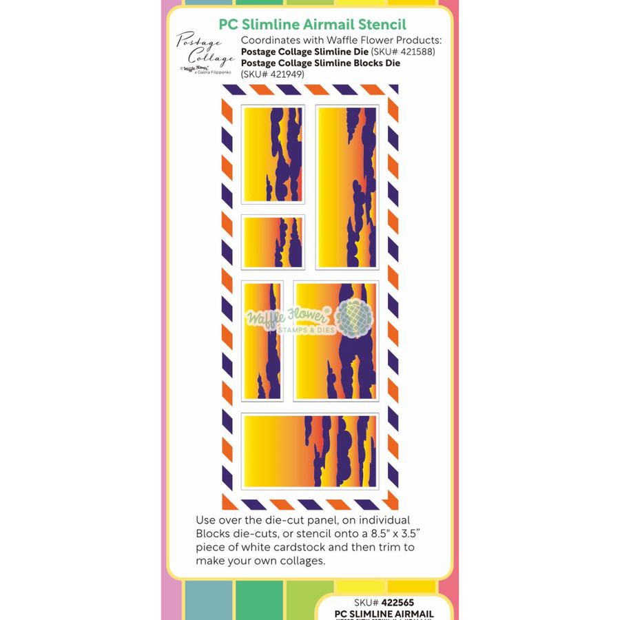 PC Slimline Airmail Stencil sheet from Waffle Flower Postage Collage Slimline Airmail Stencil, featuring a die-cut stencil design with orange and blue striped borders and yellow-orange abstract leaf patterns on a white sheet.