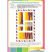 A product information card for a PC Mini Slimline Airmail Stencil by Waffle Flower, showing the stencil design, product codes, and usage instructions on a colorful background.