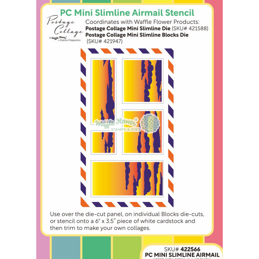 A product information card for a PC Mini Slimline Airmail Stencil by Waffle Flower, showing the stencil design, product codes, and usage instructions on a colorful background.