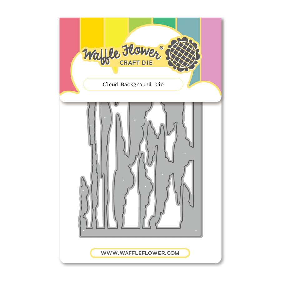 Waffle Flower Craft Die 'Cloud Background Die' shown in its retail packaging, featuring a gray metal cutting die on a white backing card with a colorful header.