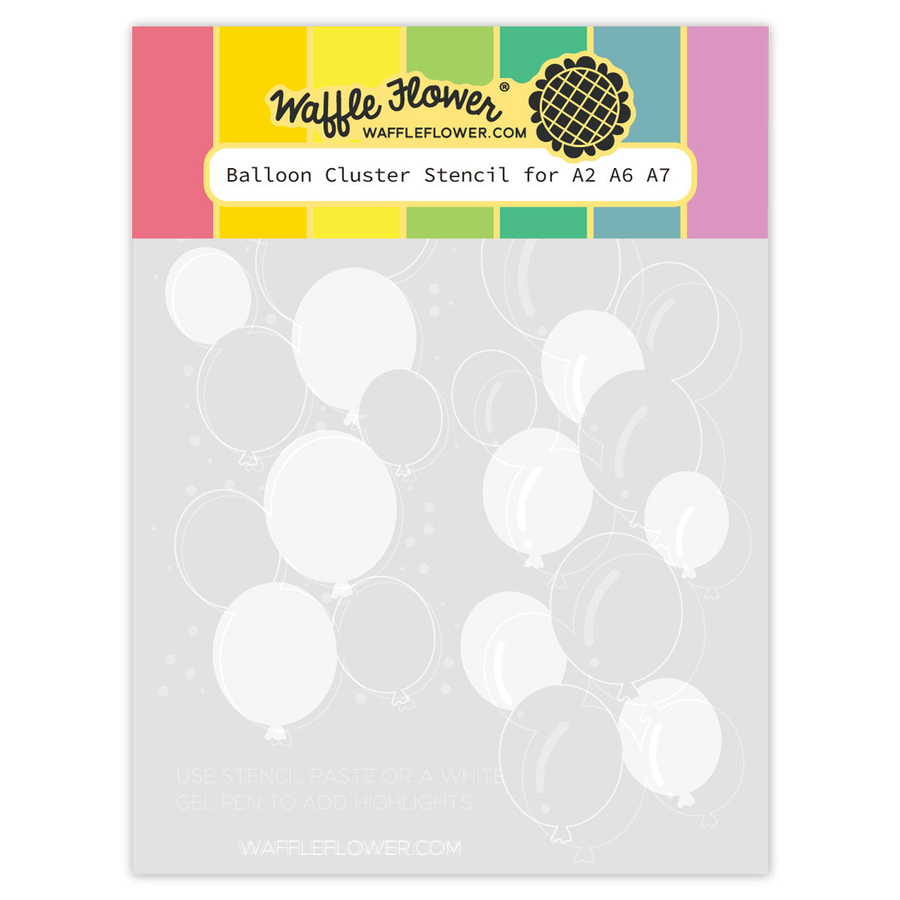 Waffle Flower balloon cluster stencil sheet for A2, A6, and A7 sizes, featuring a colorful header card with the brand logo and a light gray background showing the balloon stencil outlines.