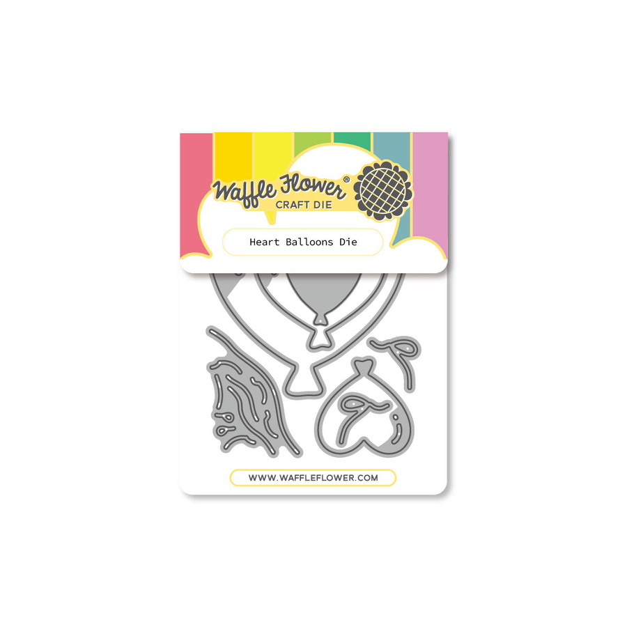 Waffle Flower Craft Die 'Heart Balloons Die' featuring metal cutting templates for balloon shapes, presented on its original white card packaging with a colorful header.