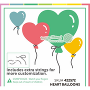 A product listing graphic for heart-shaped balloons from Waffle Flower called Heart Balloons Die. The design shows three large heart balloons in teal, coral pink, and mustard yellow with thin black strings, plus a small teal balloon in the upper left.