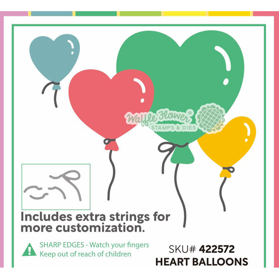 A product listing graphic for heart-shaped balloons from Waffle Flower called Heart Balloons Die. The design shows three large heart balloons in teal, coral pink, and mustard yellow with thin black strings, plus a small teal balloon in the upper left.