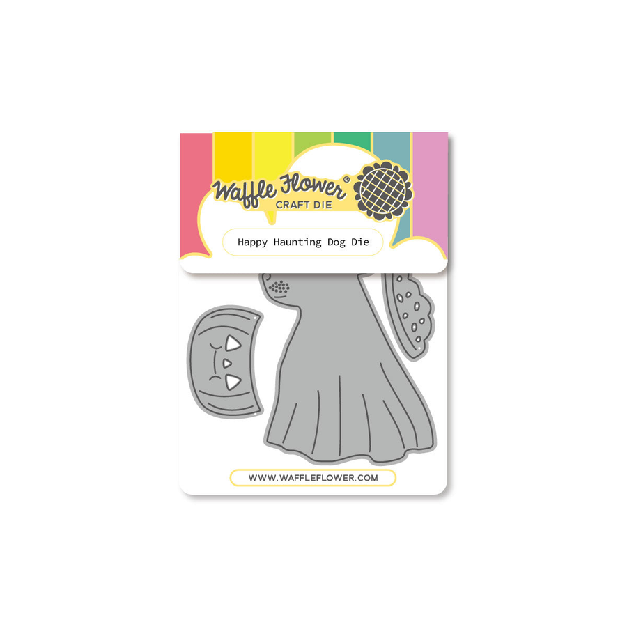 Waffle Flower Craft Die 'Happy Haunting Dog Die' featuring a gray metal die set on a white backing card with a colorful rainbow header.