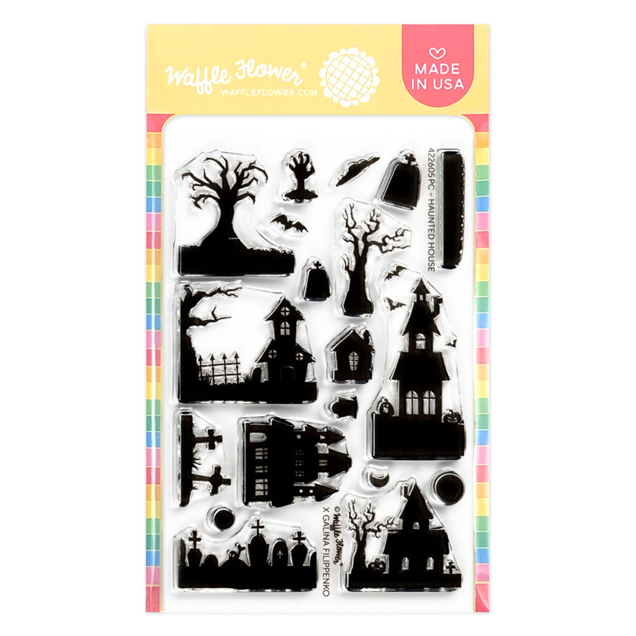 Waffle Flower Postage Collage Haunted House Silhouette Stamp Set clear stamp set in its original packaging, featuring black silhouette stamp designs of haunted houses, a spooky tree, bats, and tombstones on a white background.