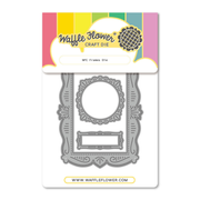 Waffle Flower Craft Die 'NPC Frames Die' shown in its retail packaging, featuring a gray metal die template with ornate frame designs on a white backing card with a colorful header.