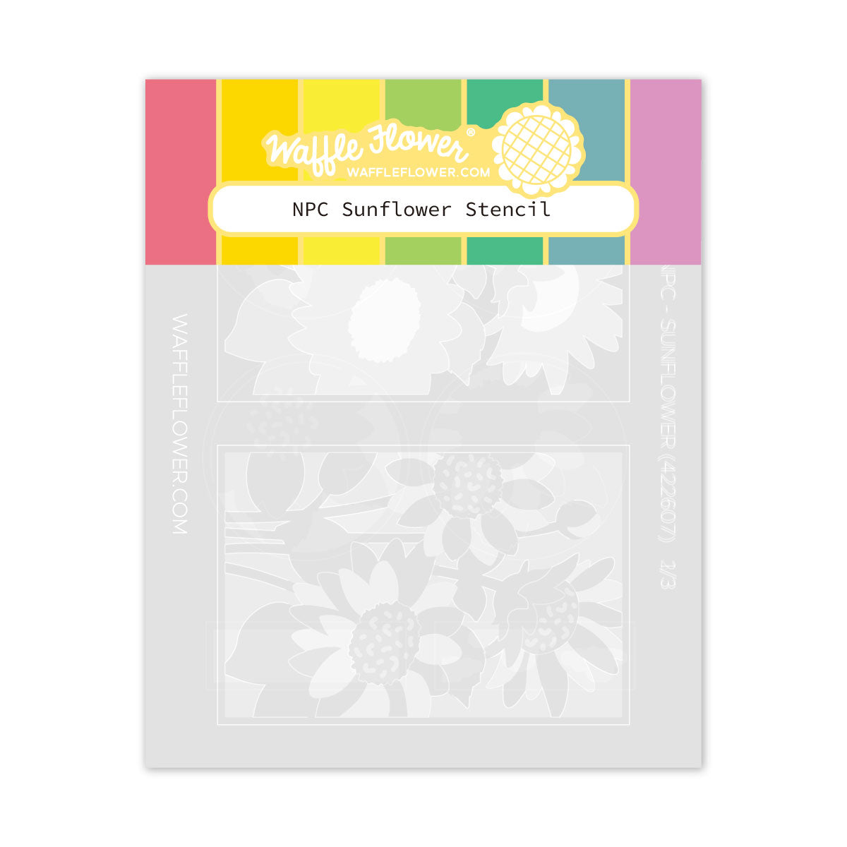 Waffle Flower NPC Sunflower Stencil sheet, featuring a colorful header with pink, yellow, green, and teal stripes, and a light gray stencil area showing sunflower and floral patterns.