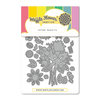 Waffle Flower Craft Die 'Sunflower Bouquet Die' metal cutting set, featuring a package header with colorful stripes and a sheet of gray metal flower and leaf cutters on a white background.