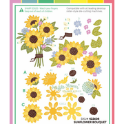 A product layering sheet for 'Sunflower Bouquet Die' by Waffle Flower, showing various die-cut floral designs including sunflower bouquets, single flowers, and buds, labeled with letters A, B, C and numbers 1 through 3 on a white background with pink and green borders.