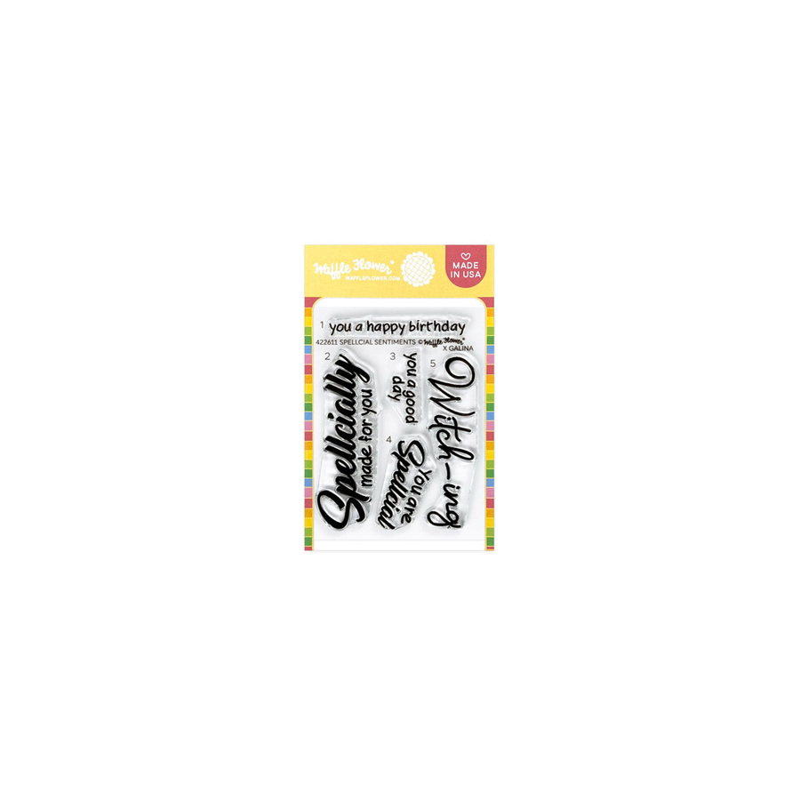 A packaged set of clear stamps with black decorative phrases, shown on a plain white background. The header card is yellow and pink with the brand name Waffle Flower visible. Stamp set called Spellcial Sentiments Stamp Set