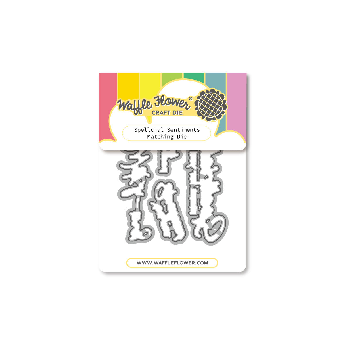 Waffle Flower Craft Die 'Spellicial Sentiments Matching Die' set on a white backing card with a colorful header, showing two metal cutting dies.